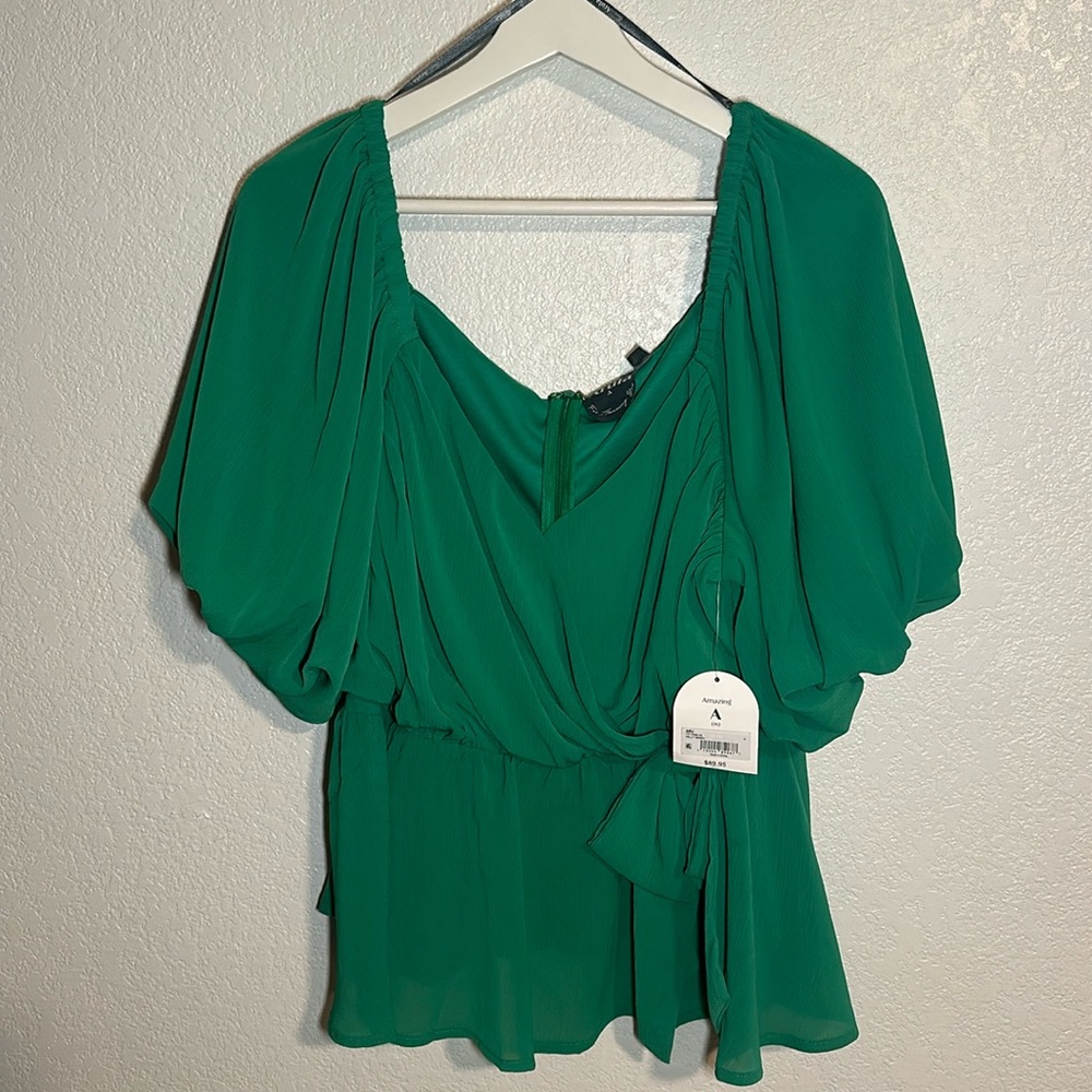 NWT Arula Kelly Green Faux Wrap Puff Sleeve Blouse Size A (1X)